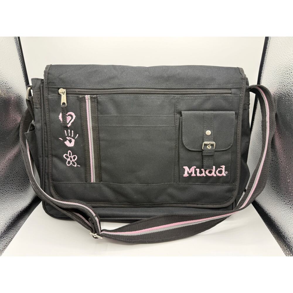 Vintage Mudd Black Canvas Pink Embroidered Messenger Bag